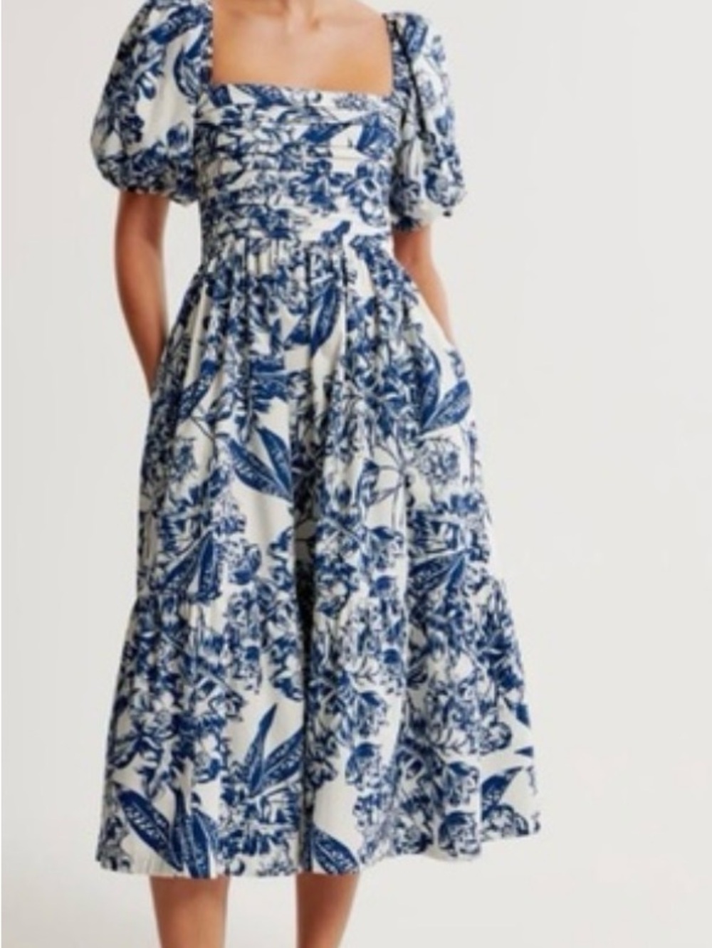 ABERCROMBIE Emerson Poplin Puff Sleeve Midi Dress White floral/blue Sz S